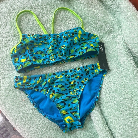 Speedo Neon Green Blue Leopard Print Bikini Set - Picture 8 of 8